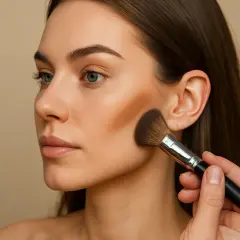 Kobieta z niebieskimi oczami nakłada bronzer pędzlem na policzek.