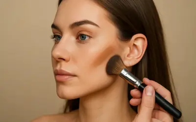 Kobieta z niebieskimi oczami nakłada bronzer pędzlem na policzek.