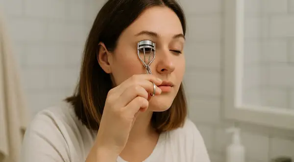Kobieta używa zalotki do rzęs, aby podkręcić swoje rzęsy.